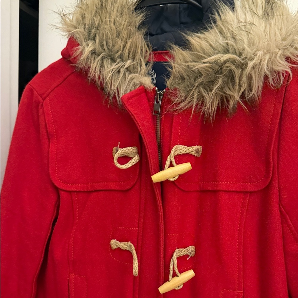 American Eagle Red Toggle Coat with Faux Fur Trim - Picture 2 of 8